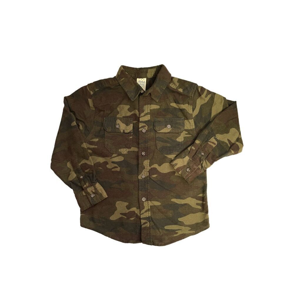 Faded Glory Fleece/Flannel Button Down Green Camouflage Shirt Size 6-7